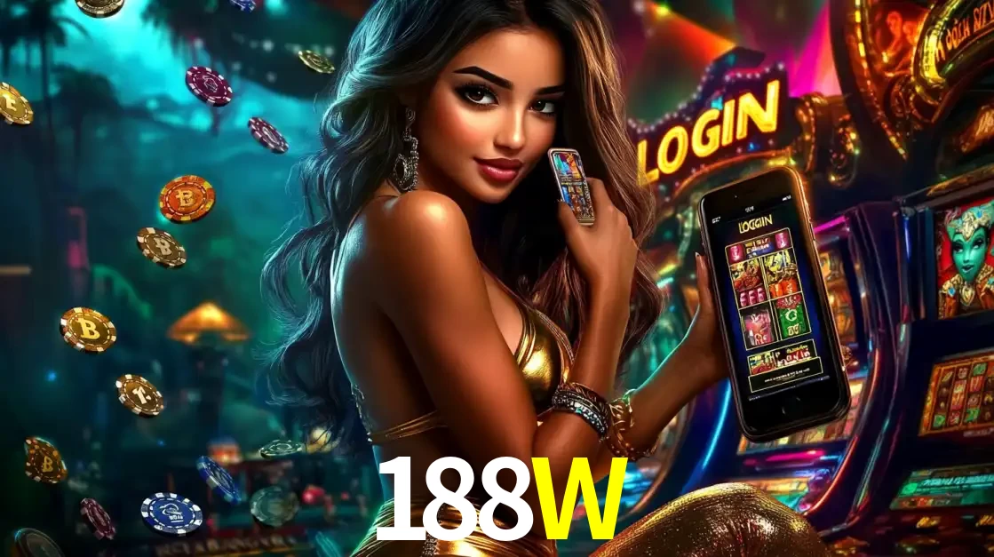 Mulher em um cenário de cassino temático de aventura, mostrando o app de caça-níqueis da 188W no celular. Fichas de apostas flutuam ao redor.